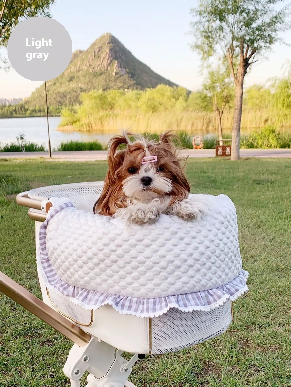 Cotton pet stroller set with anti-dirty towel, cushion, and pillow in a striped pattern.