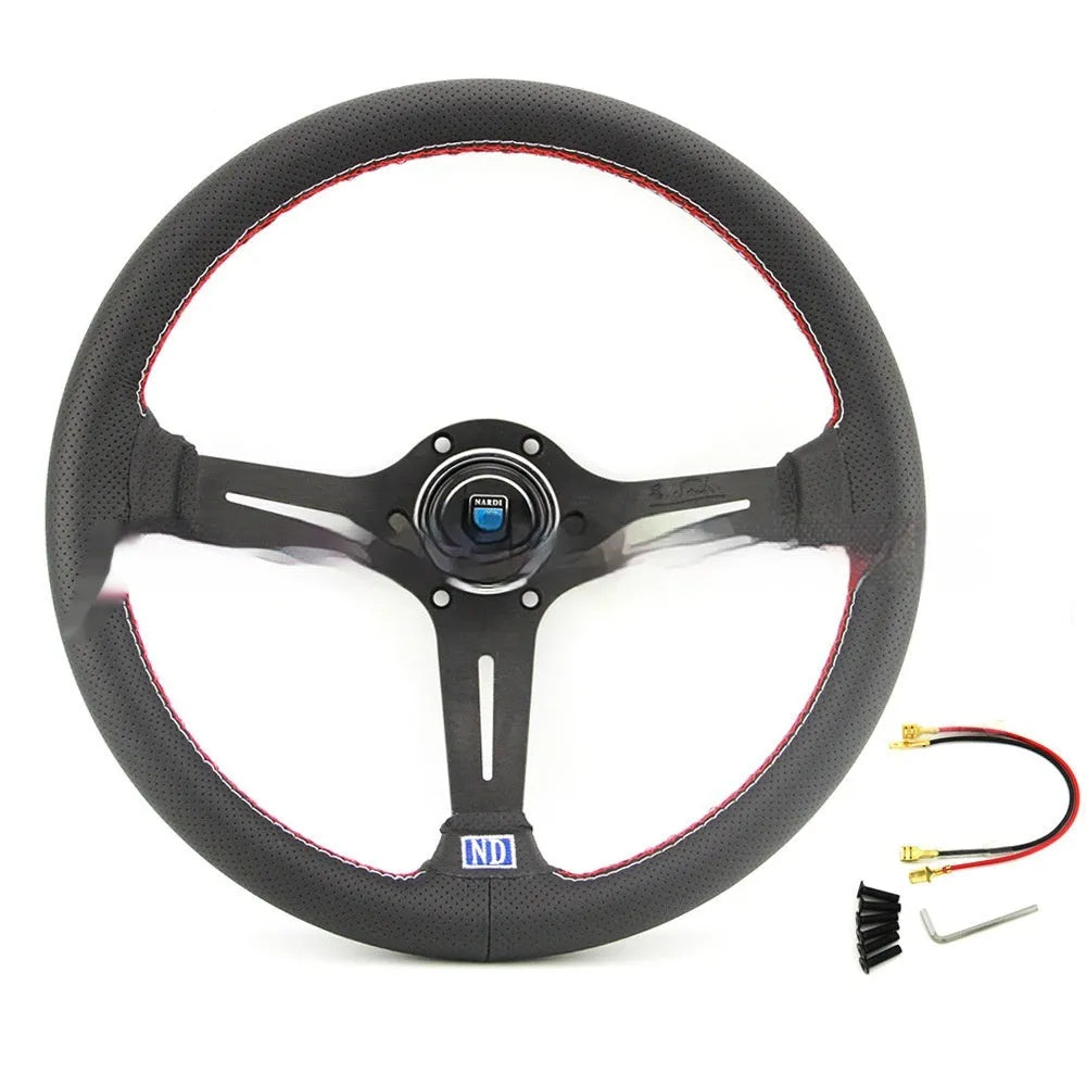 14-inch leather steering wheel with middle concave design shown with black skeleton frame