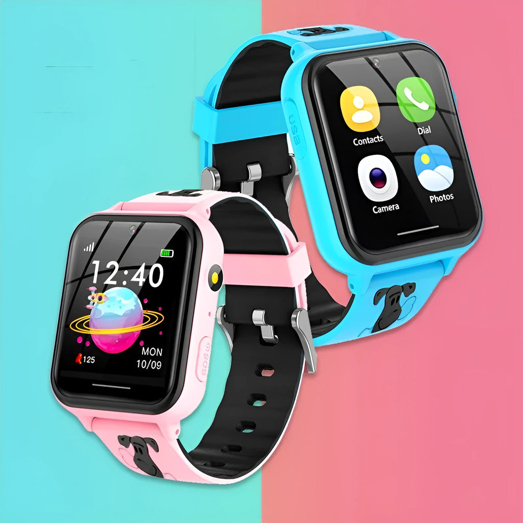 Children's telephone watch with touch screen, 1.54 inch IPS display, silicone strap in pink, blue, and black
