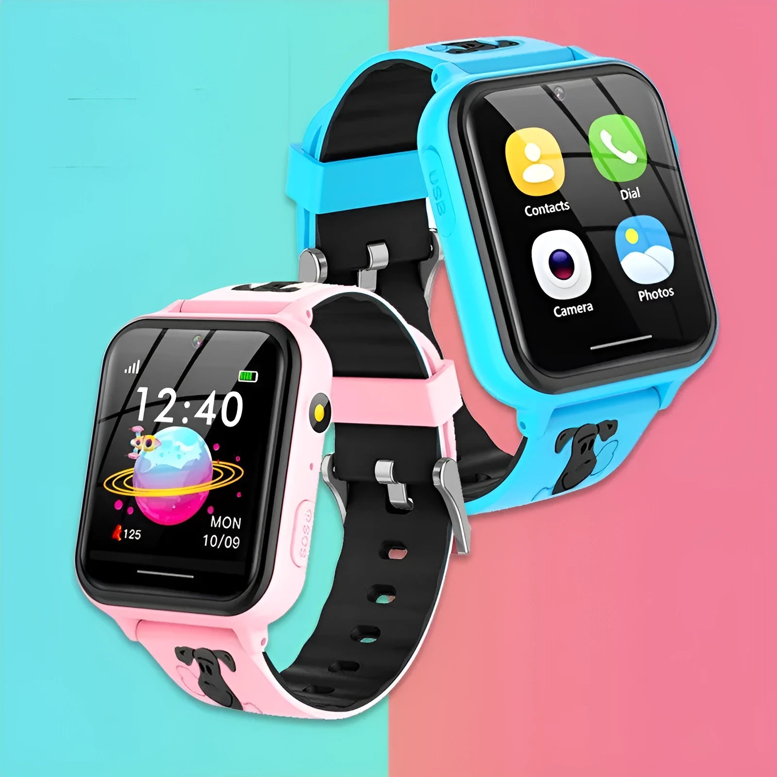 Children's telephone watch with touch screen, 1.54 inch IPS display, silicone strap in pink, blue, and black
