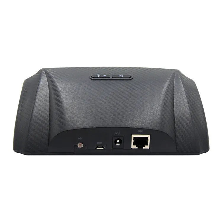 GPS GO 2 car head-up display unit with carbon fibre body on a dashboard, showing speed and angle data on a colour LCD screen.