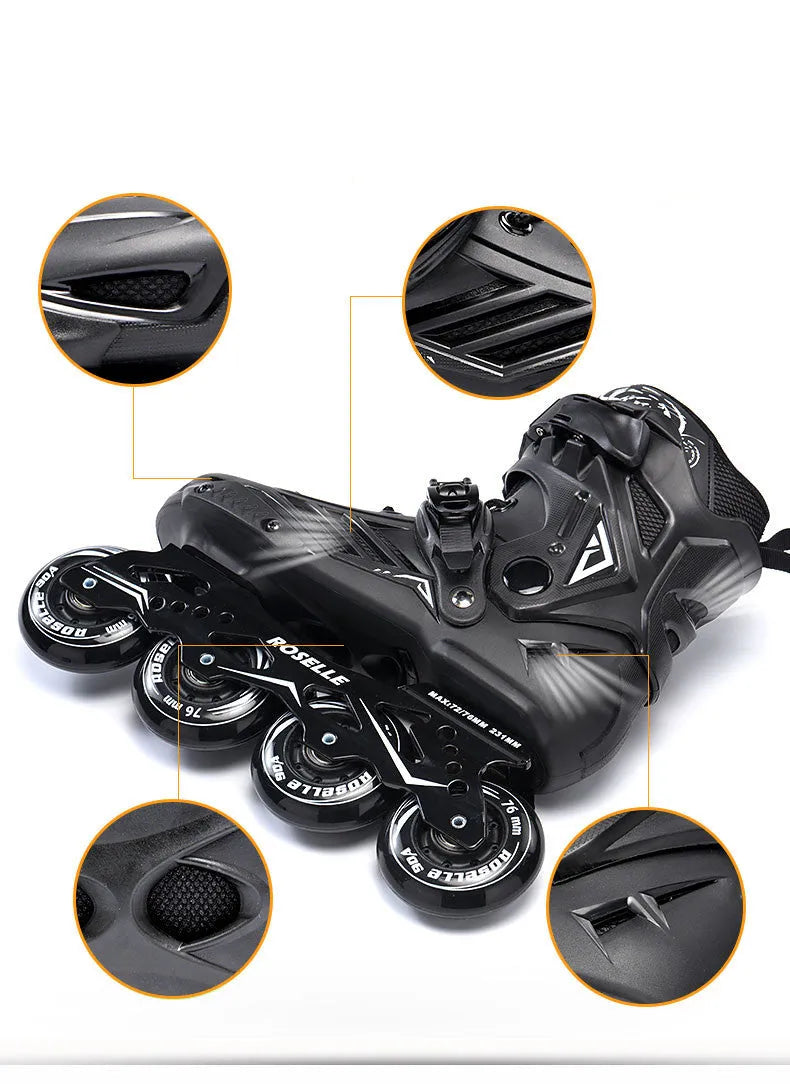 Adult inline roller skates for beginners in black with PP reinforced shell and aluminium alloy frame