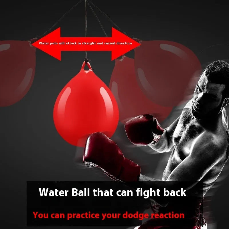 Red water filled PVC boxing reaction ball with hook rope attachment for martial arts training