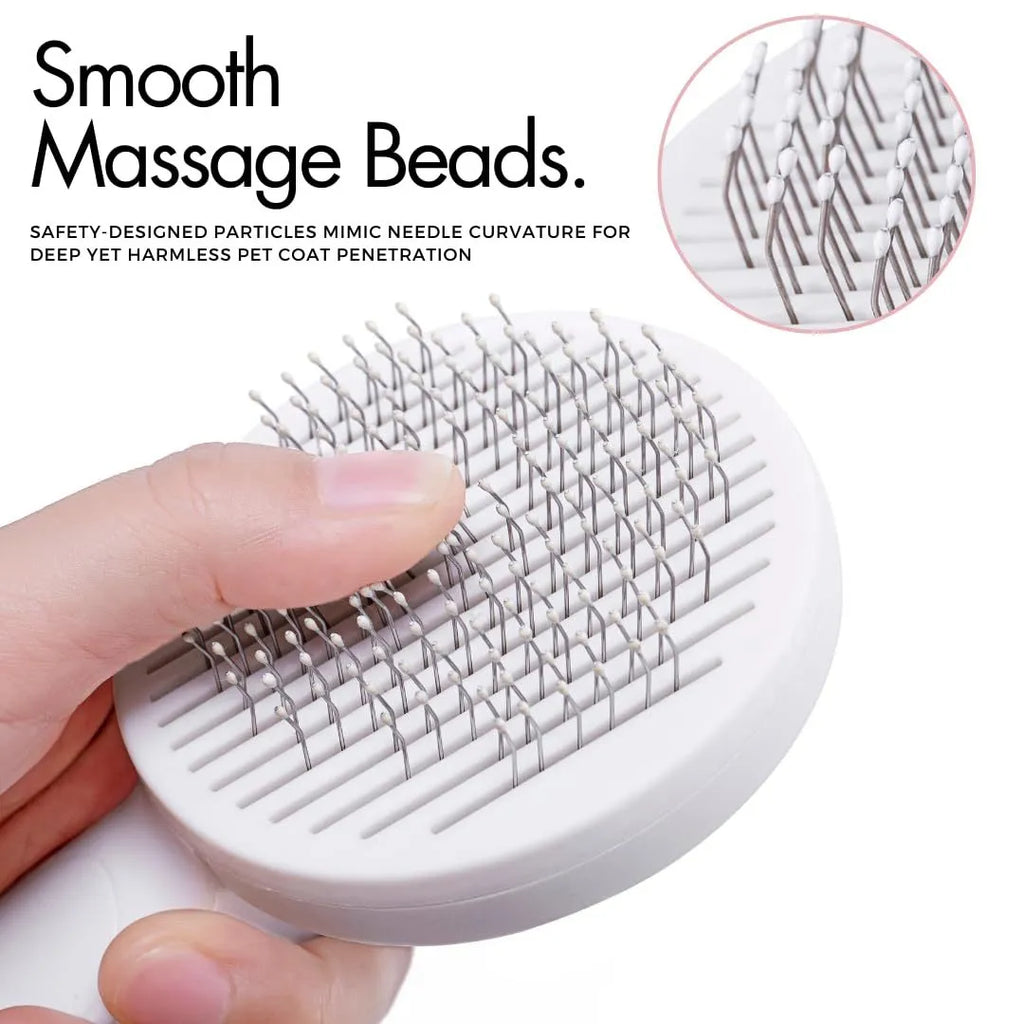 Blue self-cleaning slicker brush for dogs and cats with rubber handle and stainless steel pins.