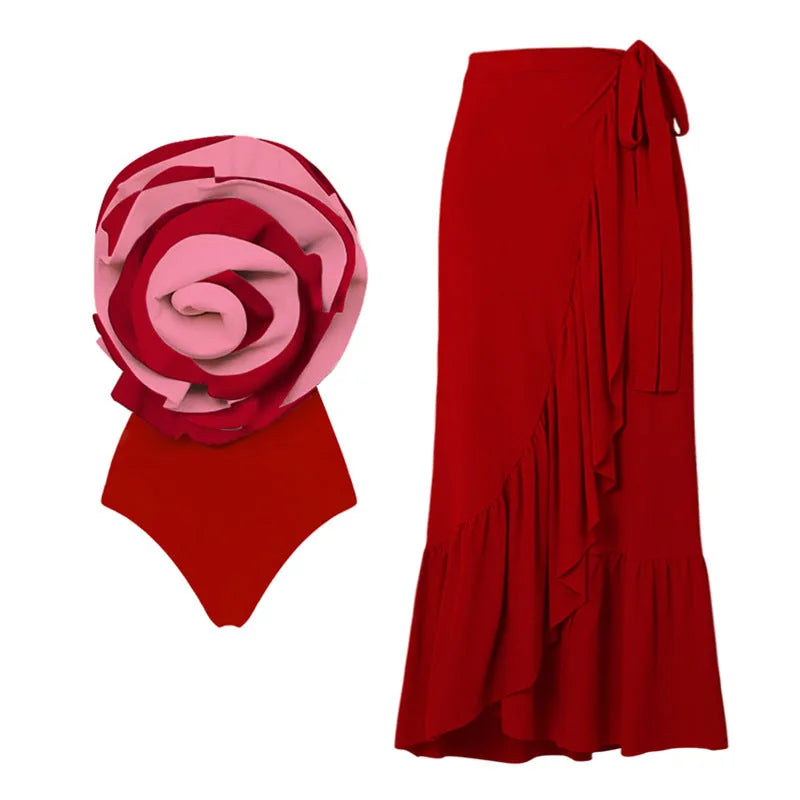 Women's red nylon one-piece swimsuit with matching skirt for beach holidays