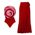 Women's red nylon one-piece swimsuit with matching skirt for beach holidays