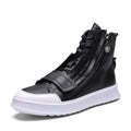 Men's black and white PU leather ankle boots in high-top sneaker style with winter boot design