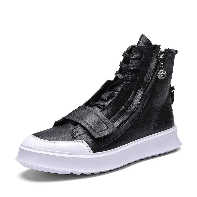 Men's black and white PU leather ankle boots in high-top sneaker style with winter boot design