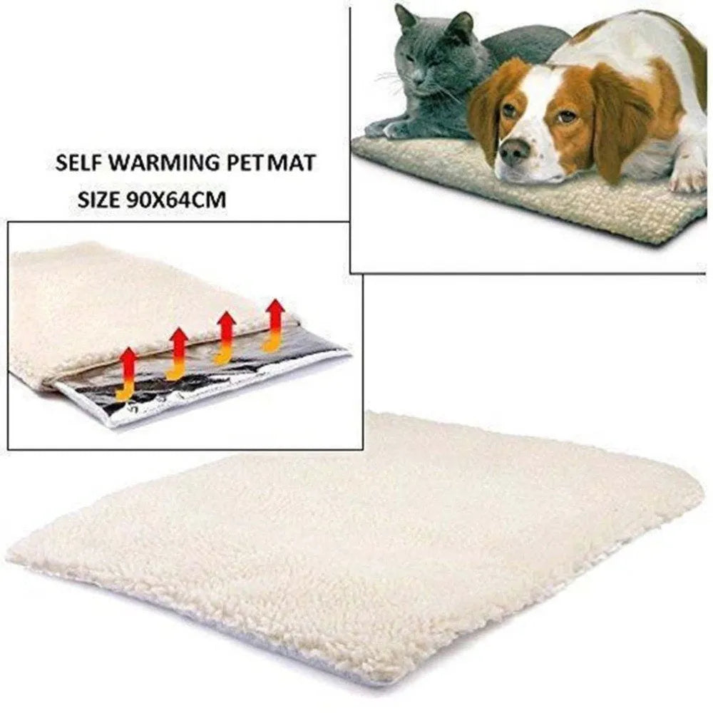 Beige self heating pet blanket with faux lambswool surface, available in 640x490mm and 900x640mm.