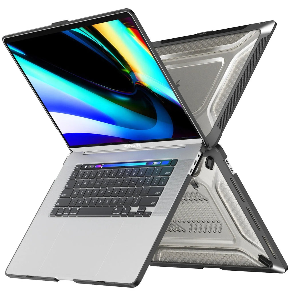 MacBook hard shell protective case in four colours: black, grey, apricot, and blue, shown on a laptop.