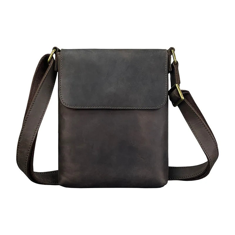 Men's Crazy Horse leather crossbody backpack in brown, solid colour retro design with front flap and buckle closure