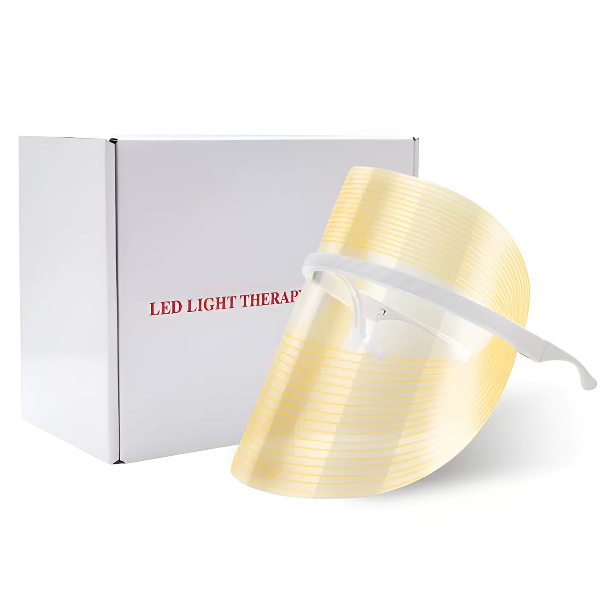 Transparent ABS LED light therapy face mask with red, blue, and yellow lights, 210x175x140mm, 83g, USB phone connection.