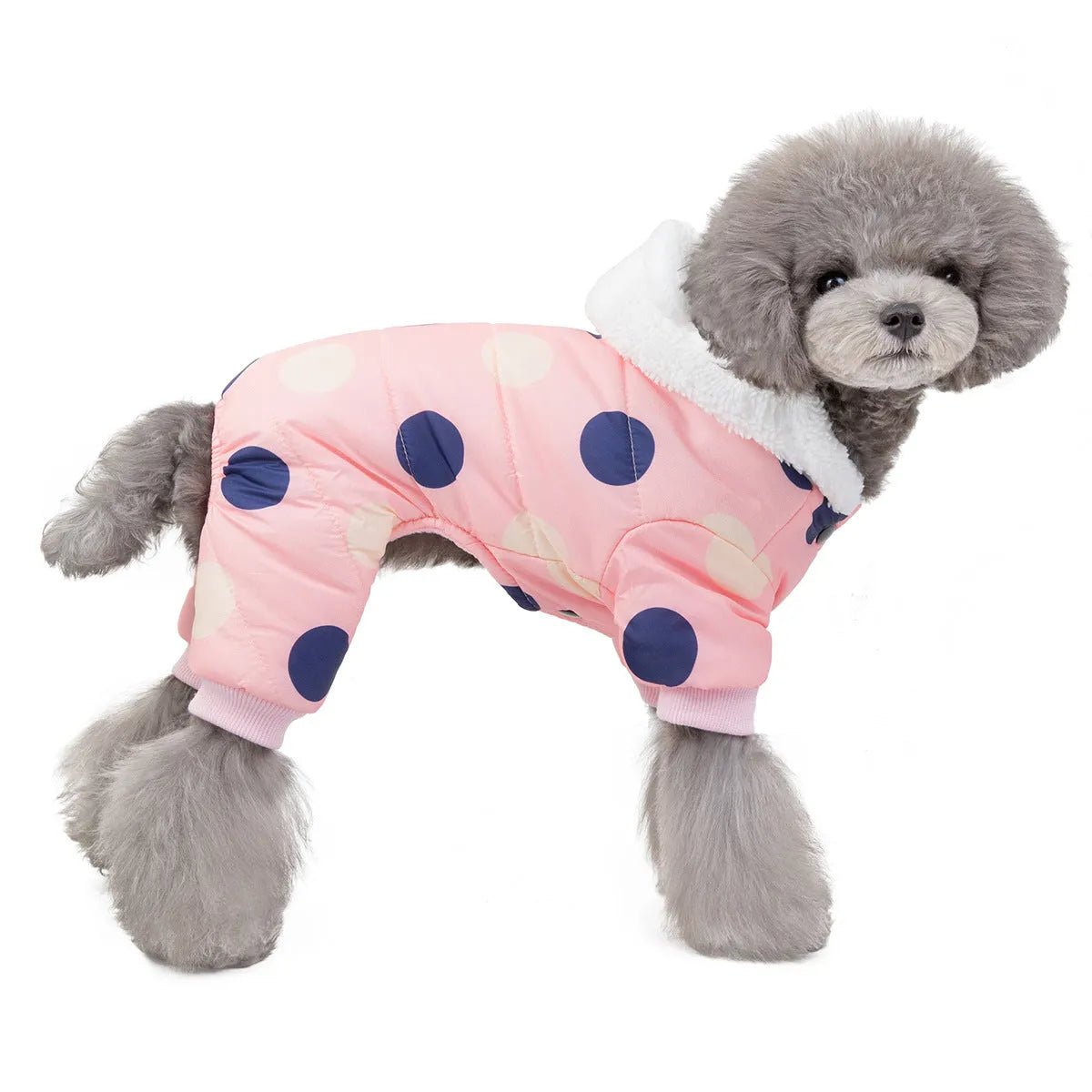 Warm big polka dot four-leg cotton pet coat in black, light yellow, or pink, sizes S to XXL
