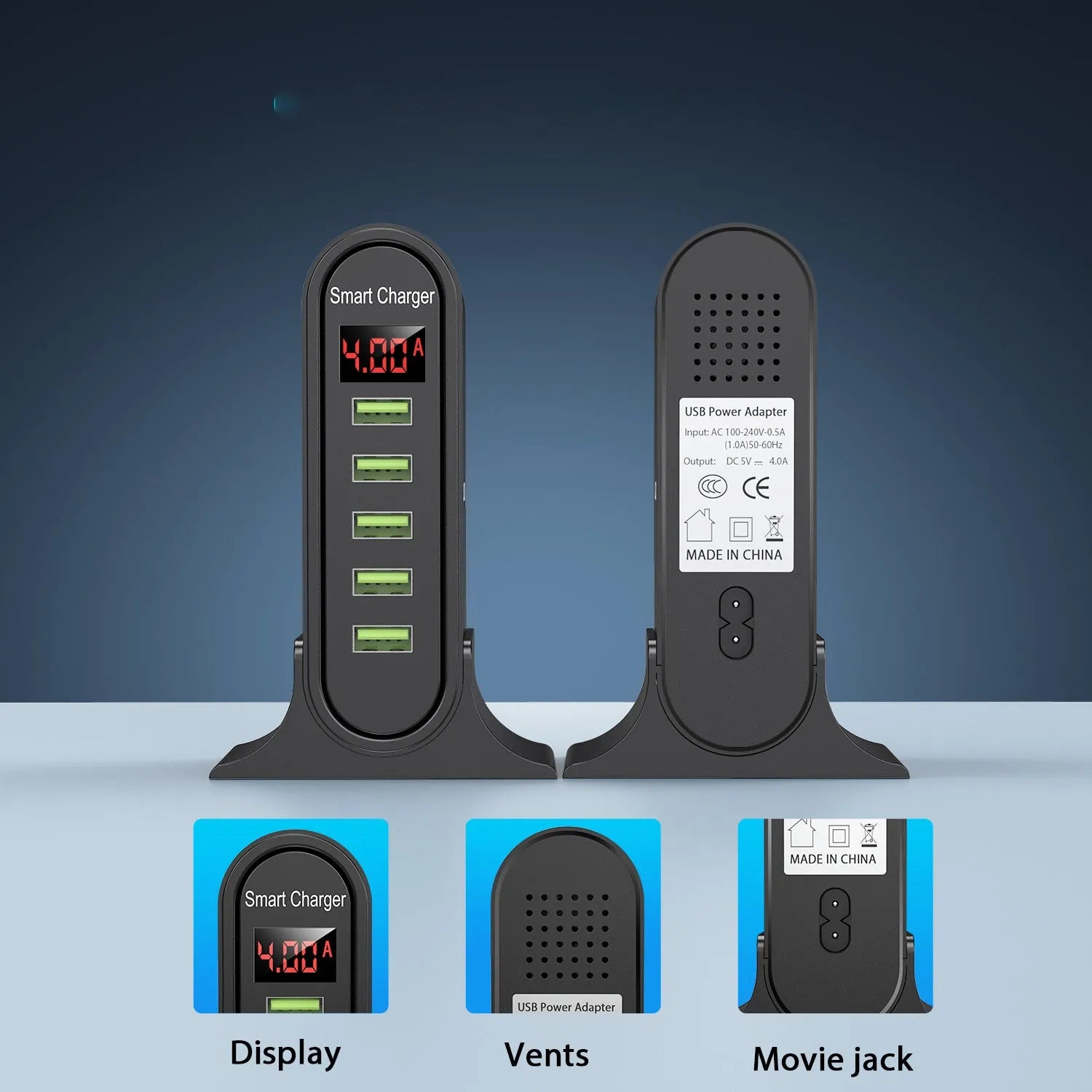 Smart LED digital display USB wall charger with selectable EU, UK, or US plug styles in black and white.