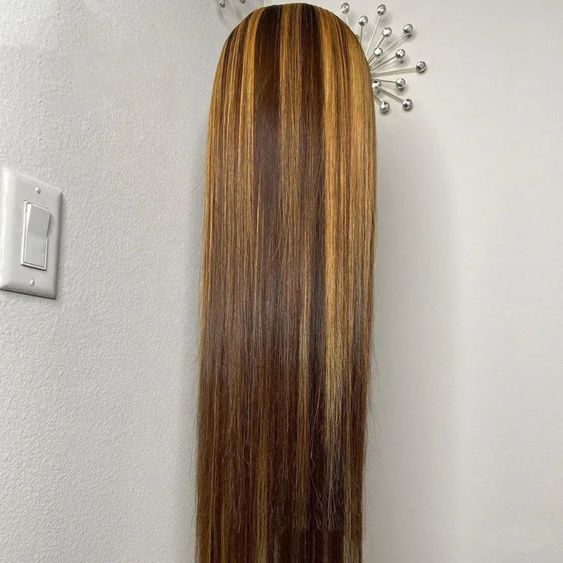 Piano colour real human hair T-shaped headgear with long hair strands on a plain background
