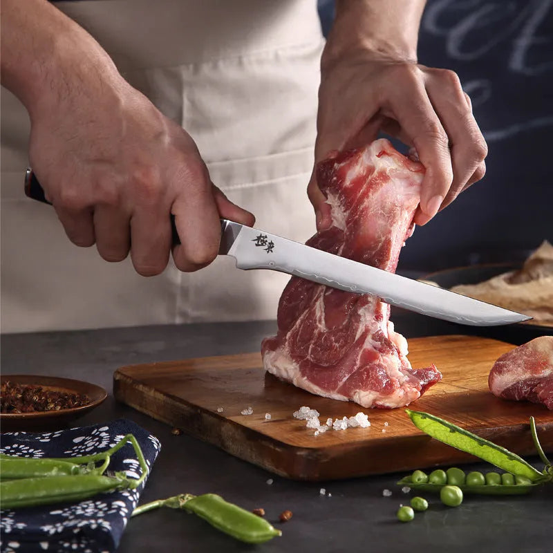 Sanhe Steel AUS-10 stainless steel Japanese-style kitchen knife with 8-inch blade on cutting board