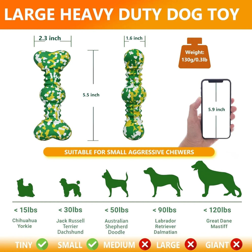 Natural rubber dog chew toy with camouflage pattern for large breed aggressive chewers