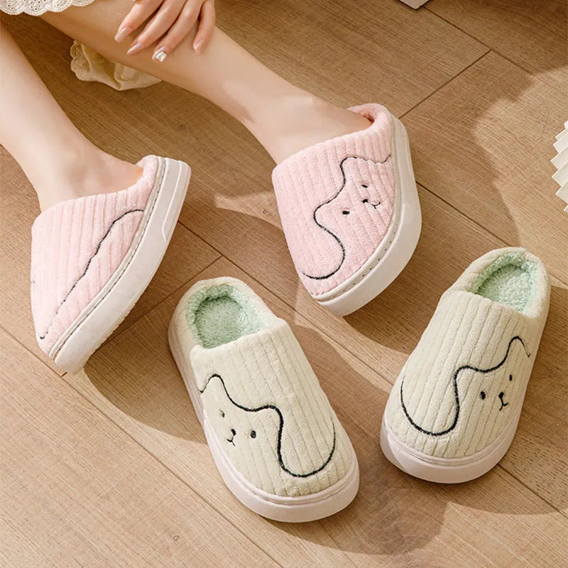Striped cat slippers plush upper rubber sole non-slip indoor house shoes