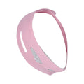 Pink elastic V-shaped face bandage with adjustable black velcro strap on a white background.
