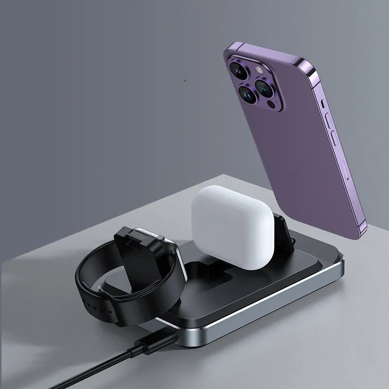 Flat folding three-in-one wireless charger 15W fast charging station for phone, watch, and earbuds in black
