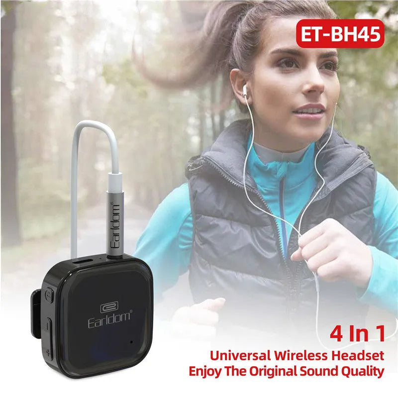Black Bluetooth lavalier headset with earpiece and control unit, shown with packaging.