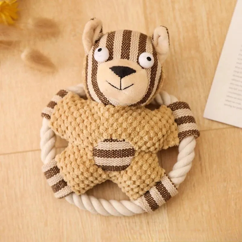 Cotton rope dog toy with canvas and sound, bone and frisbee shapes