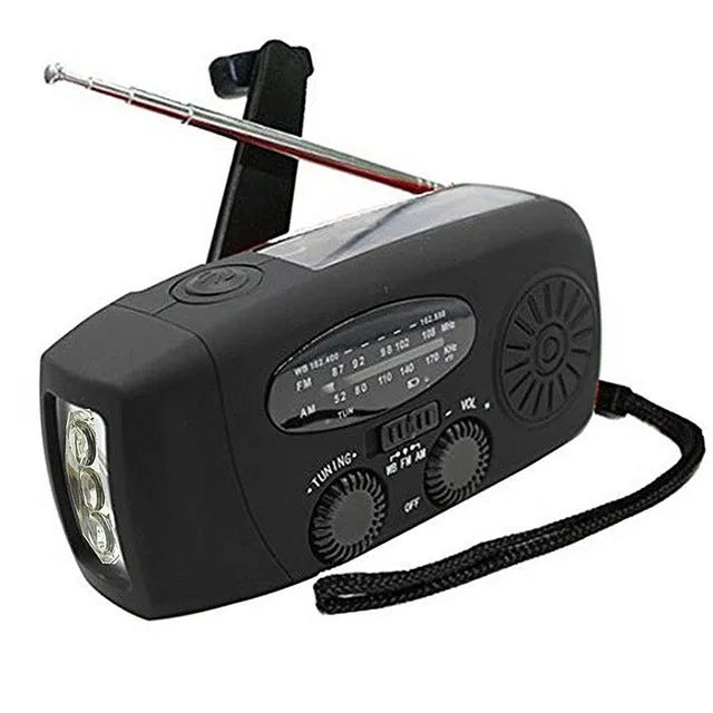 Solar hand crank radio flashlight in ABS with multiband radio, USB interface, red or black