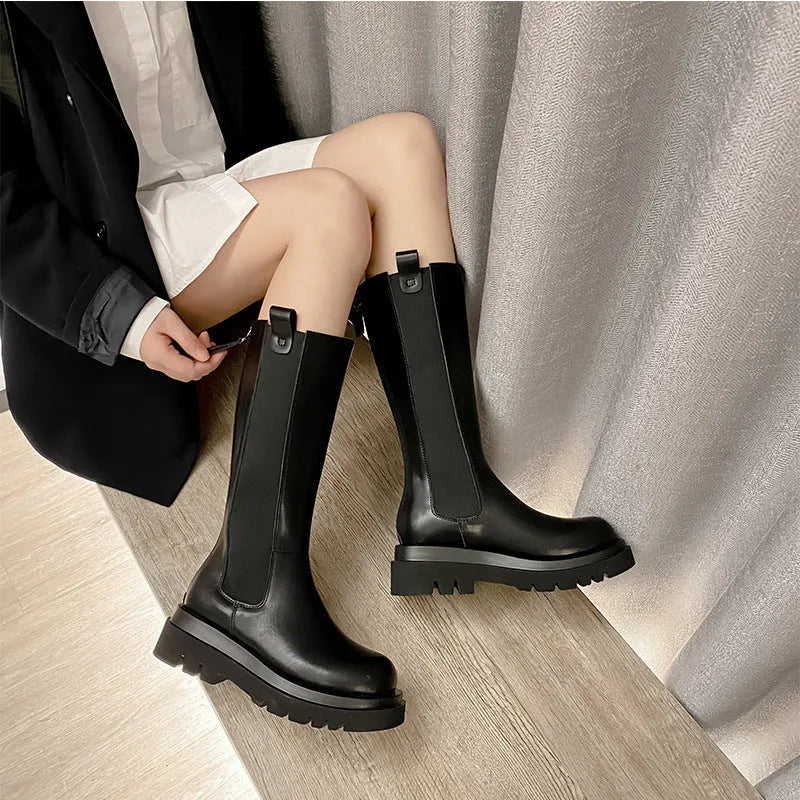 Women's cow two-layer leather Martin boots in black with rear zip, square heel, and waterproof platform