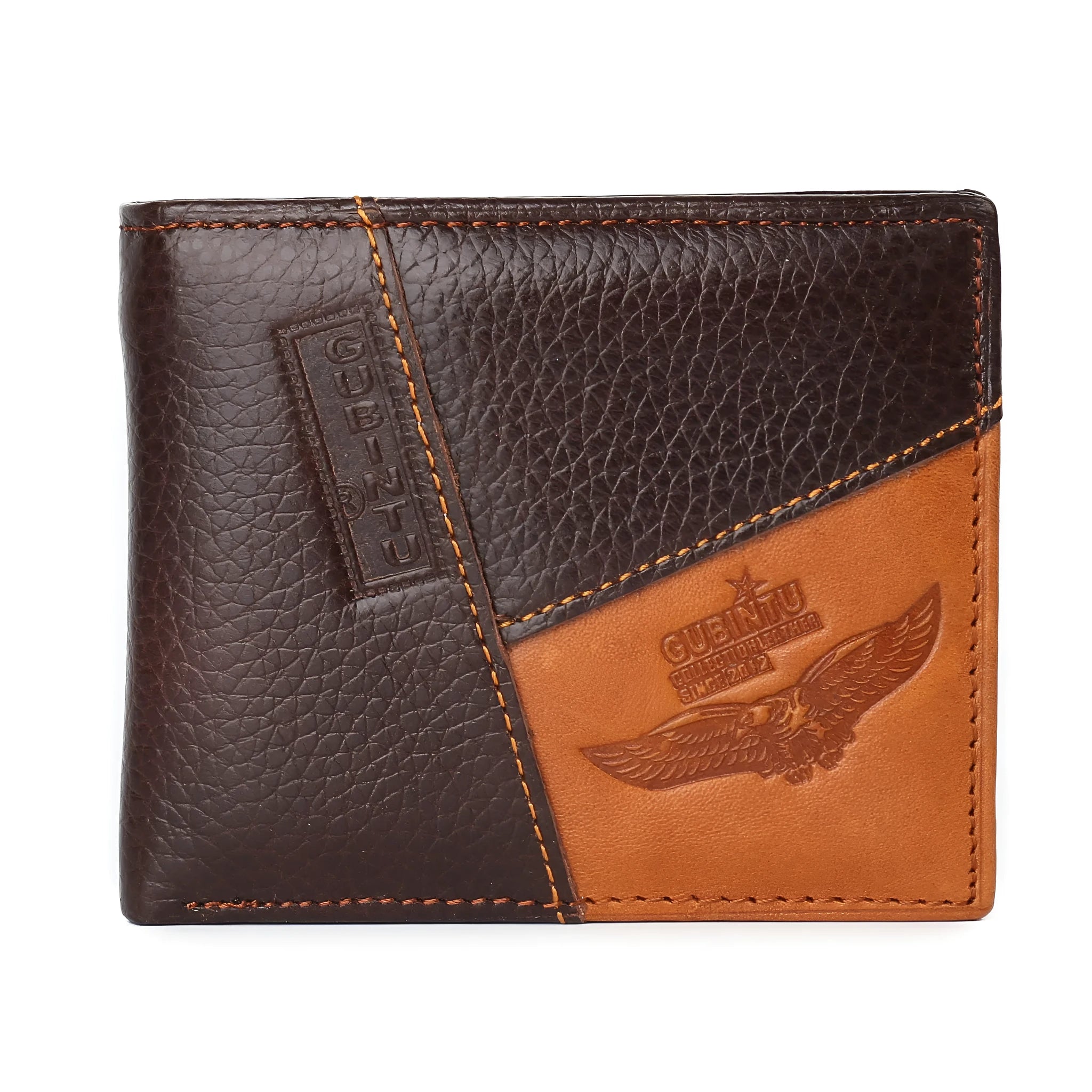 Horizontal cowhide leather wallet with personalised stitching, open to show card slots and a zipper compartment.