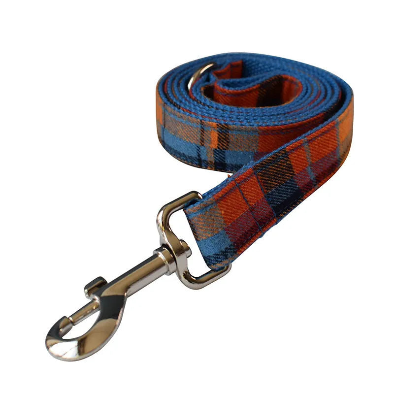 Blue plaid pattern dog collar with metal alloy buckle on cotton material