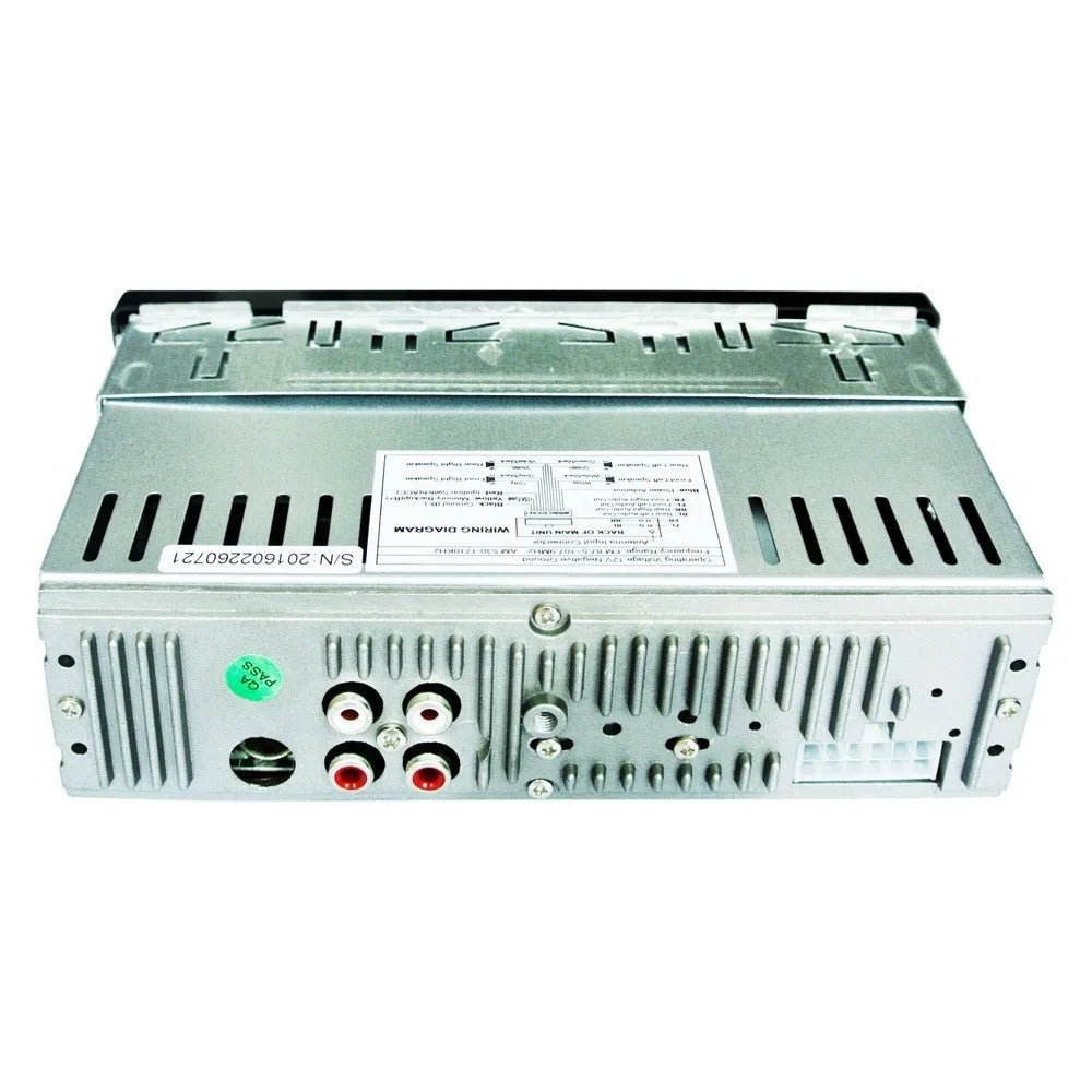 Black car stereo receiver with Bluetooth, USB, SD card slots, auxiliary input, and display screen