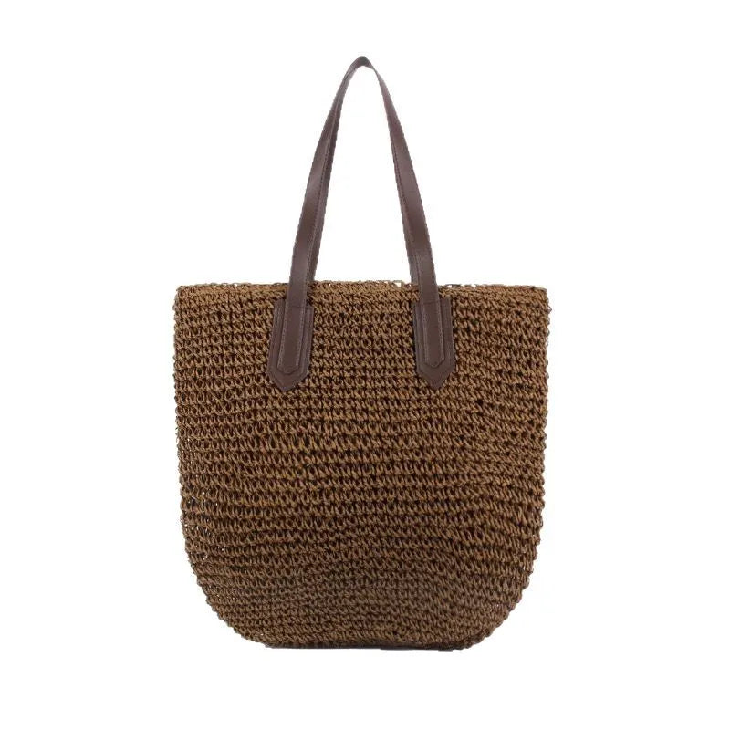Woven paper straw shoulder bag square vertical with peach skin lining and double straps