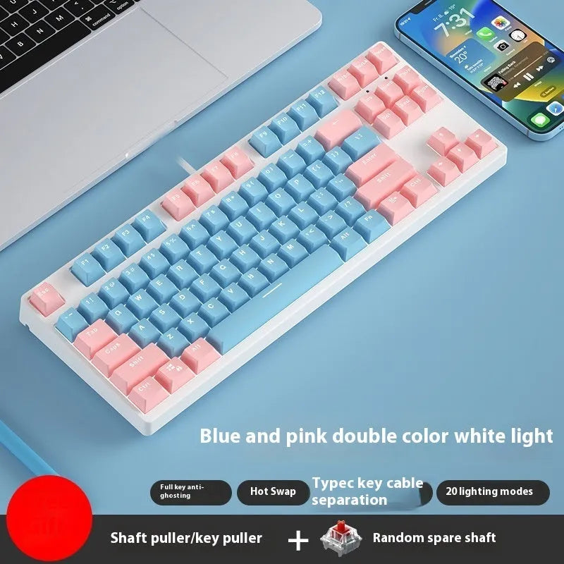 87-key wired mechanical gaming keyboard with hot-swappable switches in dual-colour keycap configuration
