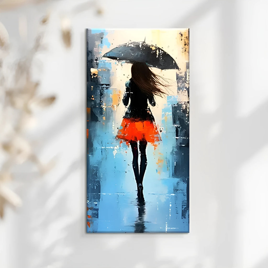 Hand painted modern abstract oil painting of people walking in the rain on canvas, vertical orientation, no frame, for living room decoration.