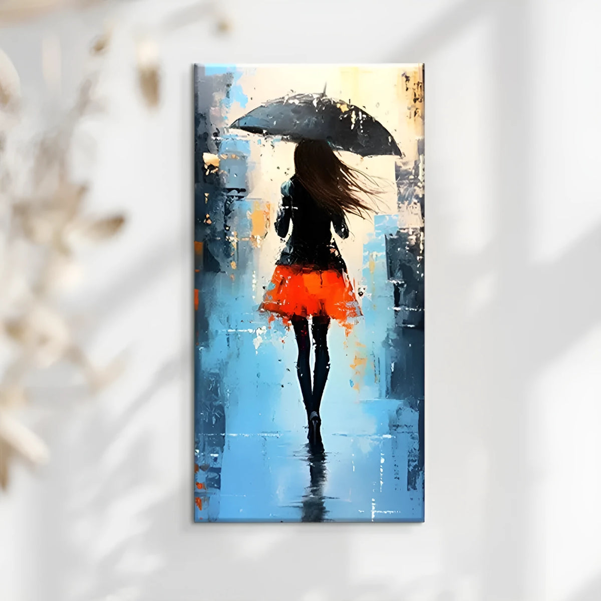 Hand painted modern abstract oil painting of people walking in the rain on canvas, vertical orientation, no frame, for living room decoration.