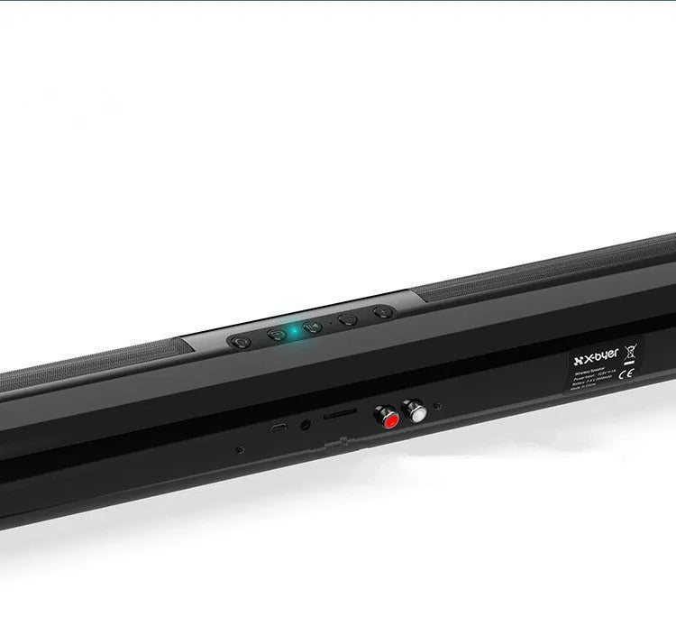 Black Bluetooth sound bar speaker measuring 58.5cm long with four speakers and button controls