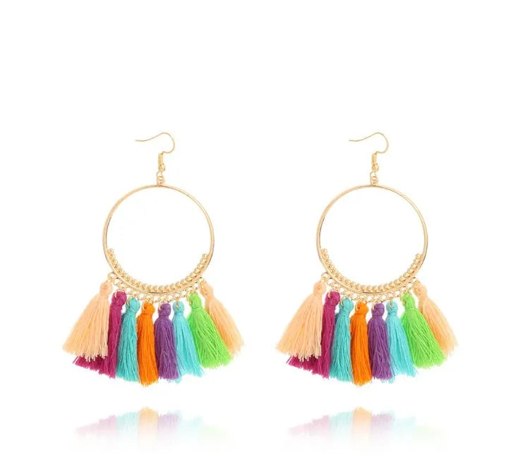 Big round drop dangle earrings in hand-woven alloy with geometric design, available in multiple colours