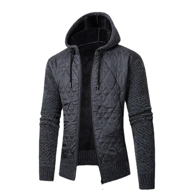 Men's grey hooded sweater coat cardigan with corduroy texture, cinched waist.