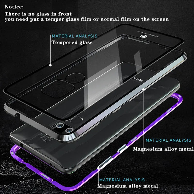 Black magnetic metal phone case with tempered glass back for Huawei P30 Pro showing precise port cuts.