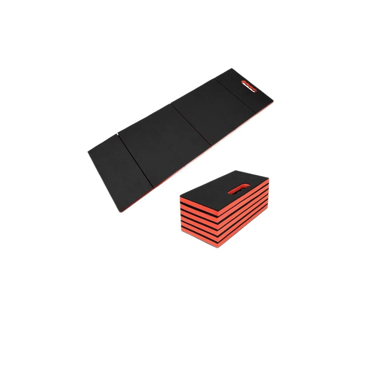 Grey EVA foam folding kneeling mat for car repairs, shown unfolded on a garage floor.
