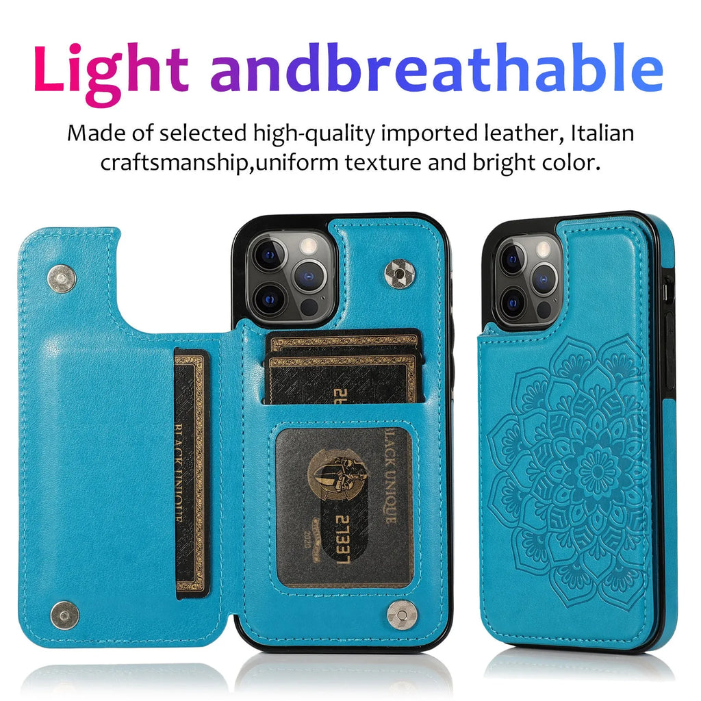 Purple flip PU leather phone case with embossed mandala pattern and card holder slot open on a white background