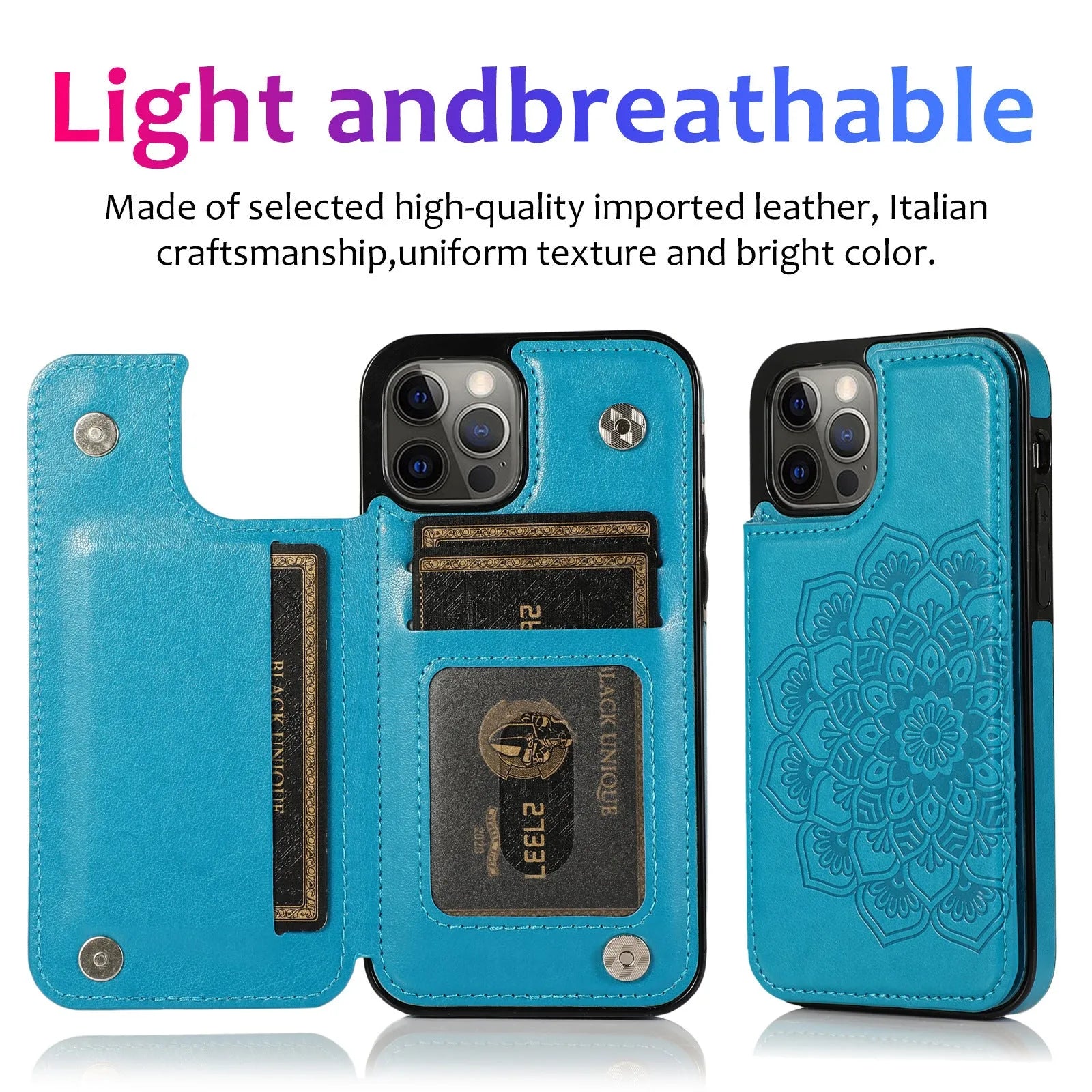 Purple flip PU leather phone case with embossed mandala pattern and card holder slot open on a white background