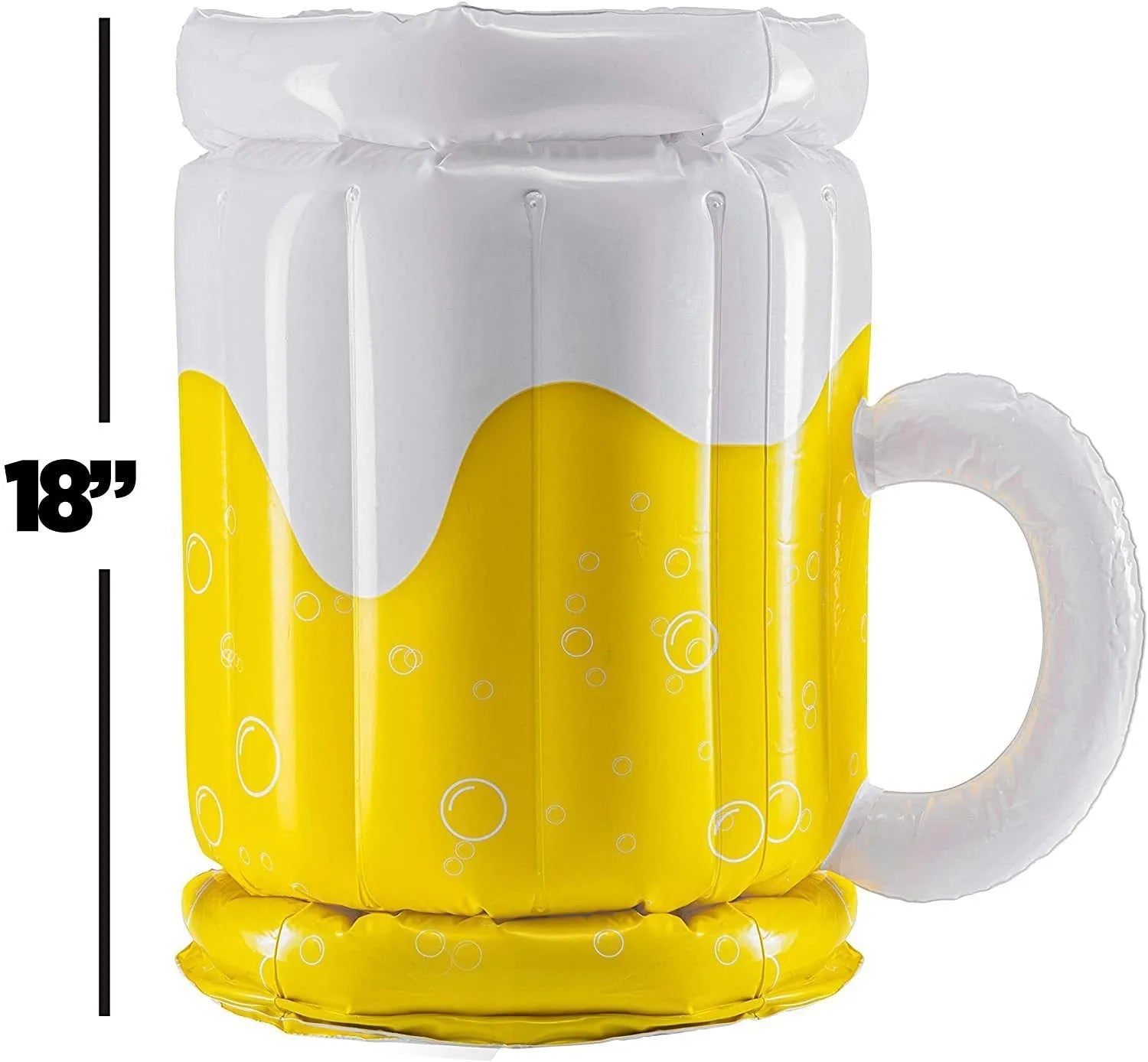 Yellow inflatable beer mug cooler floating in pool with drinks inside