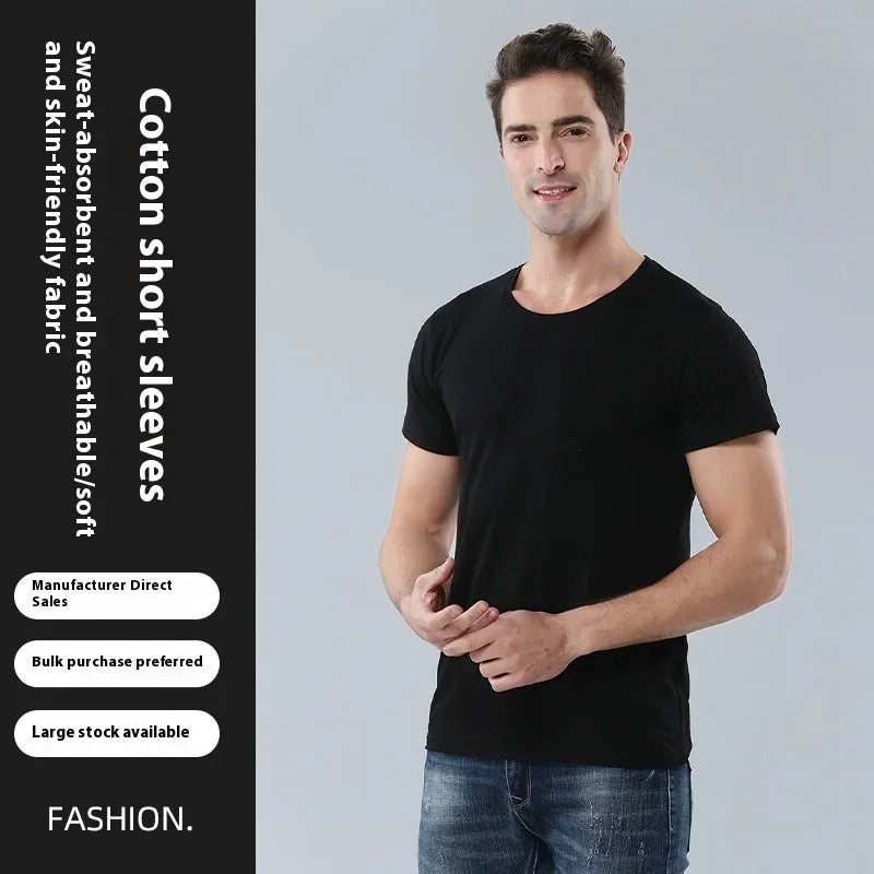 Men's black and white pure cotton loose fit round neck T-shirt showing front view