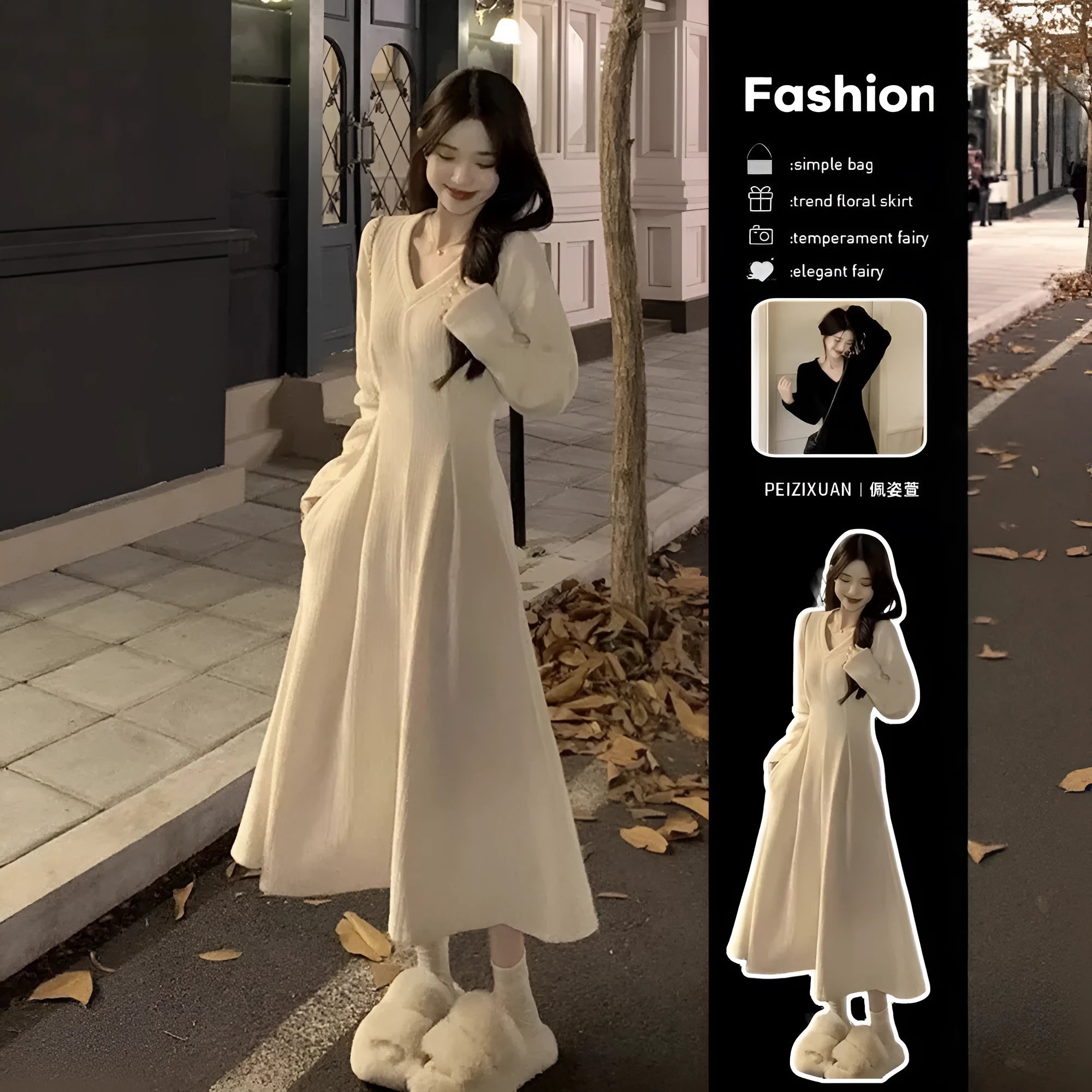 Women's knitted V-neck dress with princess sleeves and long skirt in Milky White or Black.