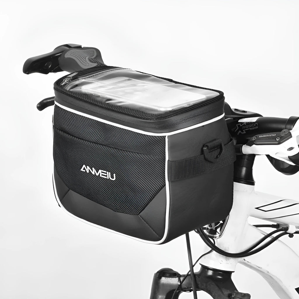 Black 7-inch polyester bicycle handlebar bag with mounting straps.
