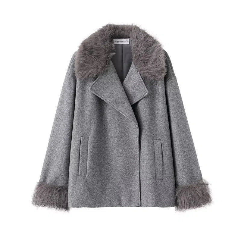 Women's mid-length gray hooded cape coat with belt and removable raccoon fur collar over 100cm long