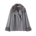 Women's mid-length gray hooded cape coat with belt and removable raccoon fur collar over 100cm long