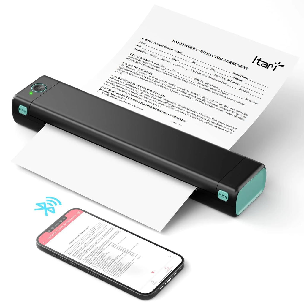 Phomemo M08F white portable A4 thermal printer on a desk next to a mobile phone.