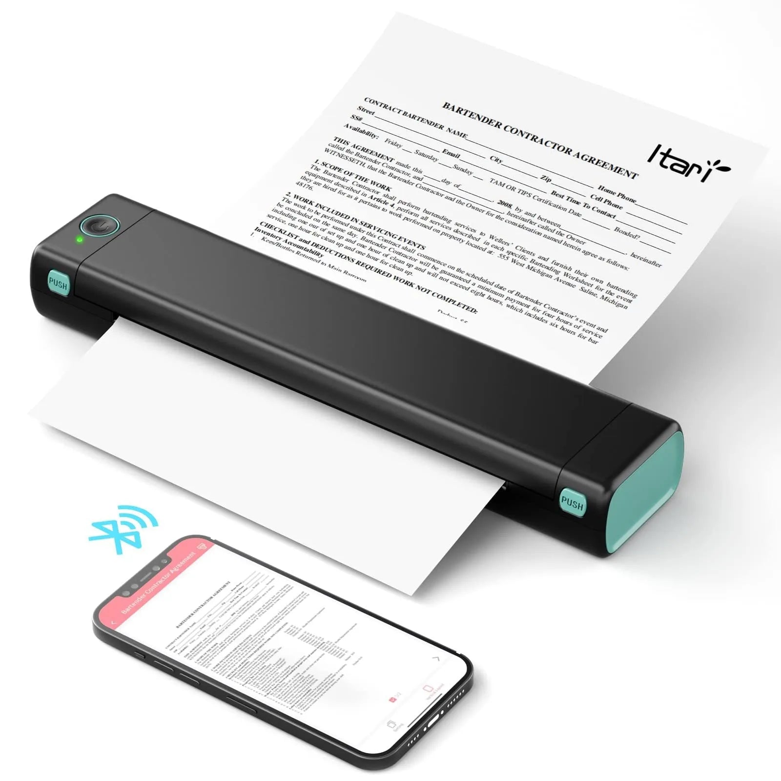 Phomemo M08F white portable A4 thermal printer on a desk next to a mobile phone.